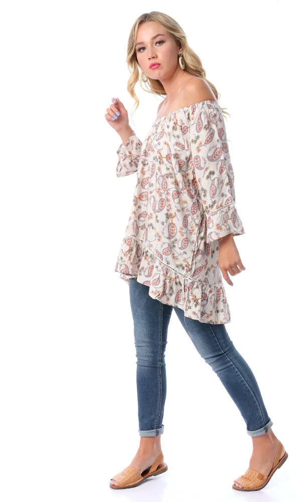 53987 Paisley Off-Shoulders Hi-Low Off-White Top