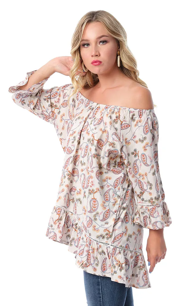 53987 Paisley Off-Shoulders Hi-Low Off-White Top