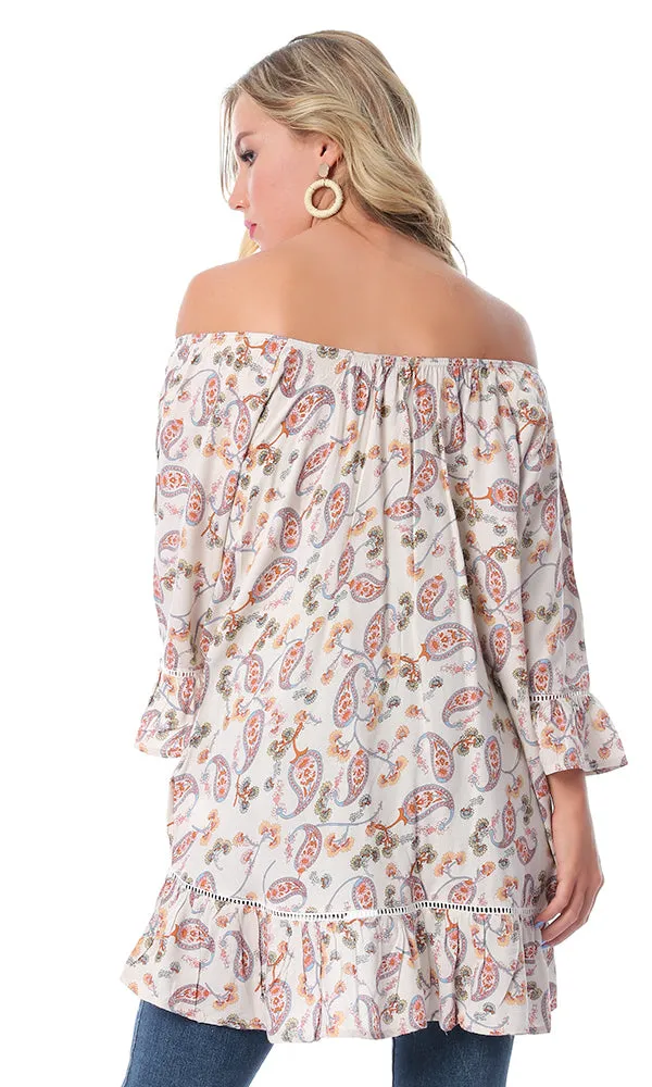 53987 Paisley Off-Shoulders Hi-Low Off-White Top