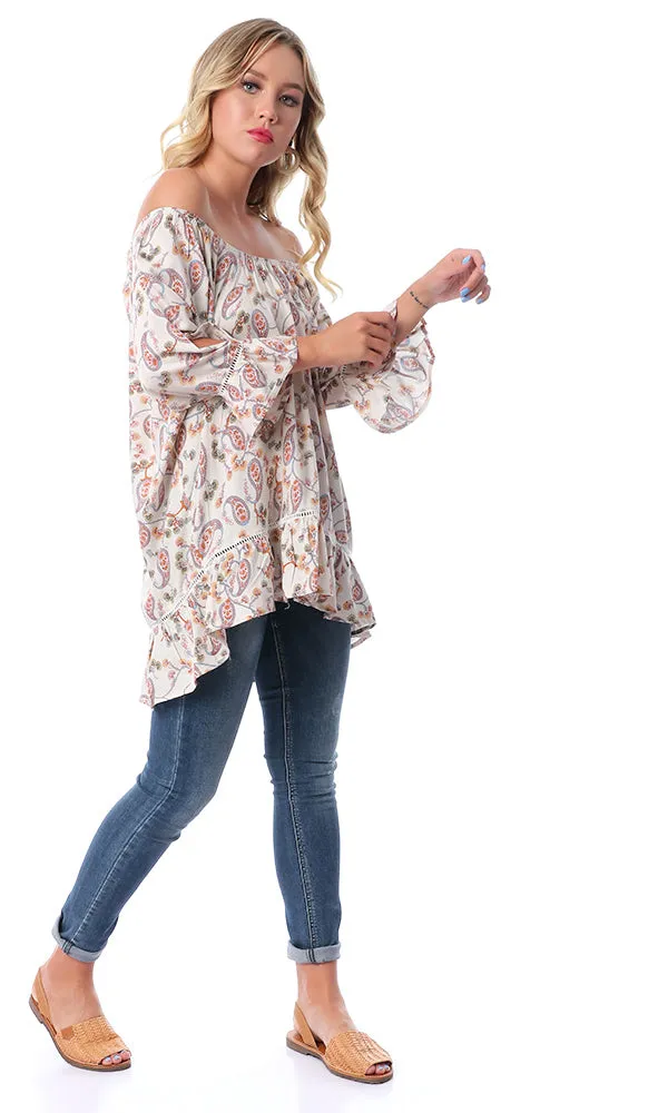 53987 Paisley Off-Shoulders Hi-Low Off-White Top