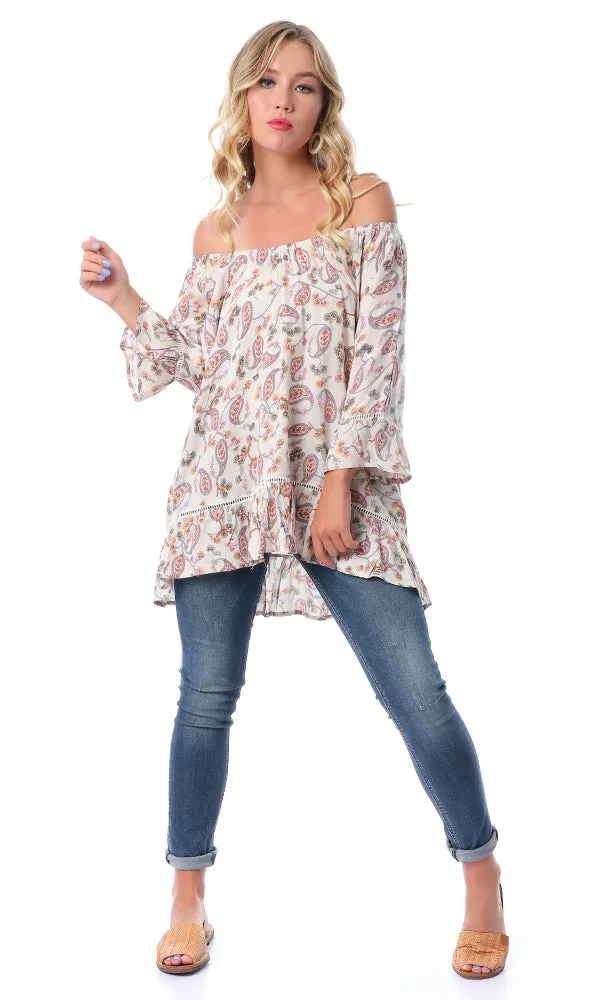 53987 Paisley Off-Shoulders Hi-Low Off-White Top