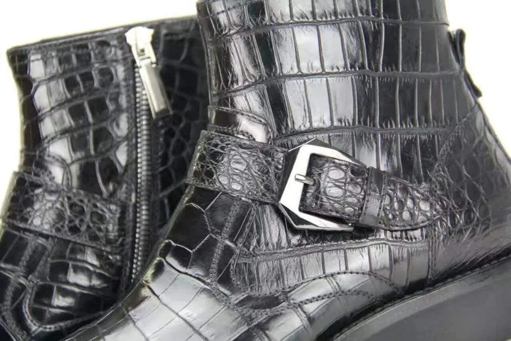 Crocodile Shoes Mens Crocodile Leather Cropped Lace Up Derby Toe Cap Boots