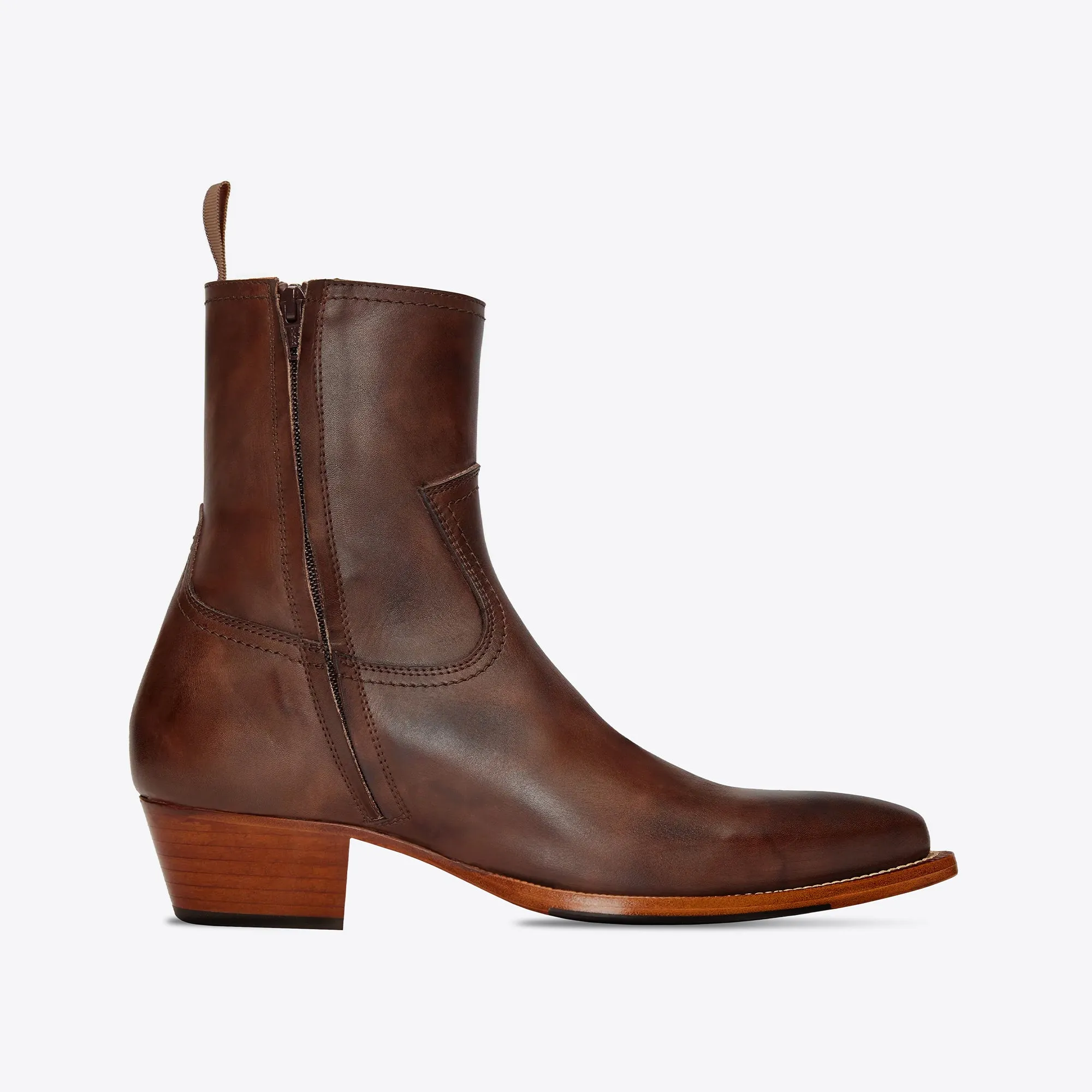 Diego 45mm Side Zip Western Boots - Brown Hand-Dyed Leather