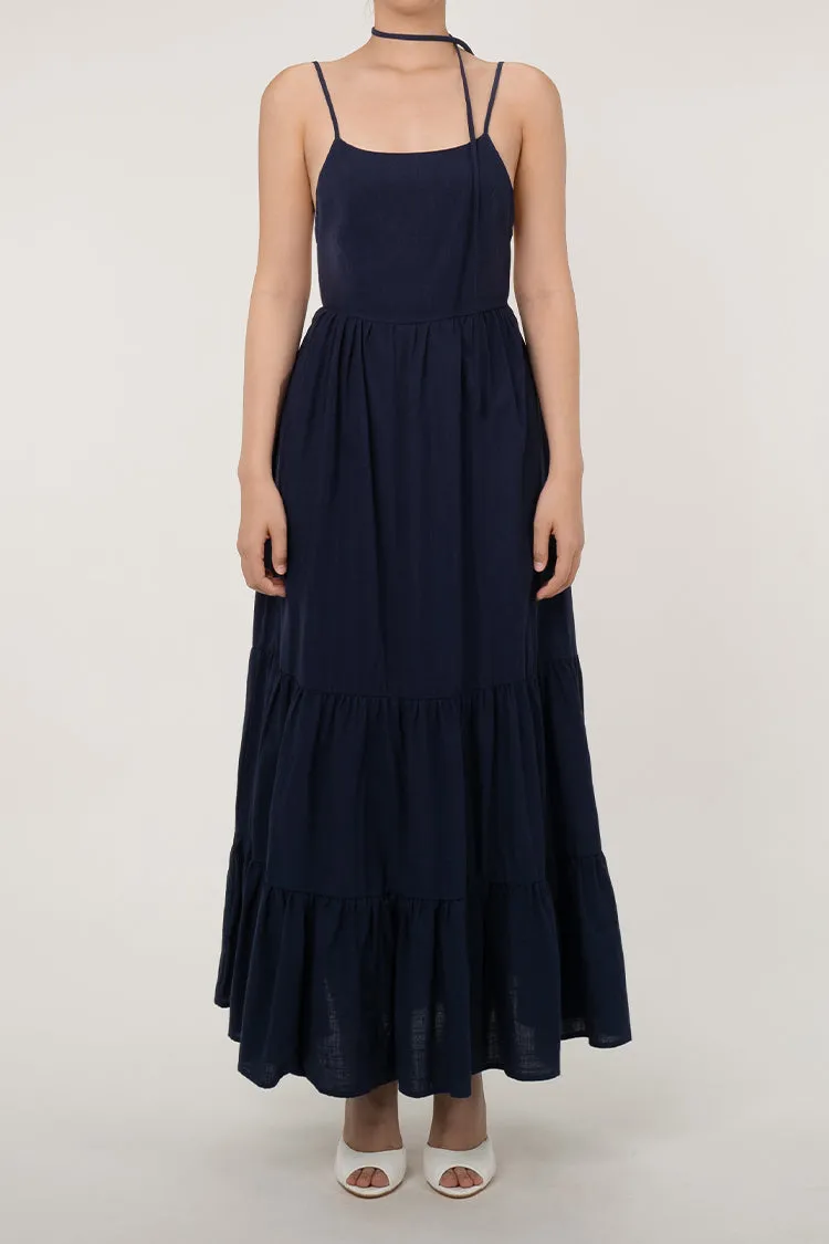 Flowy Bow Tie Backless Tiered Cotton Beach Vacation Cami Maxi Sundress