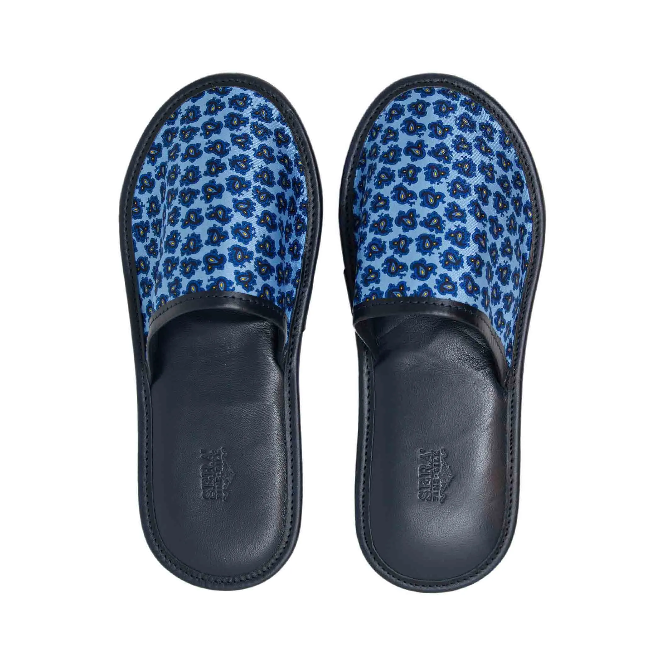 Light Blue Paisley Silk & Leather Slippers