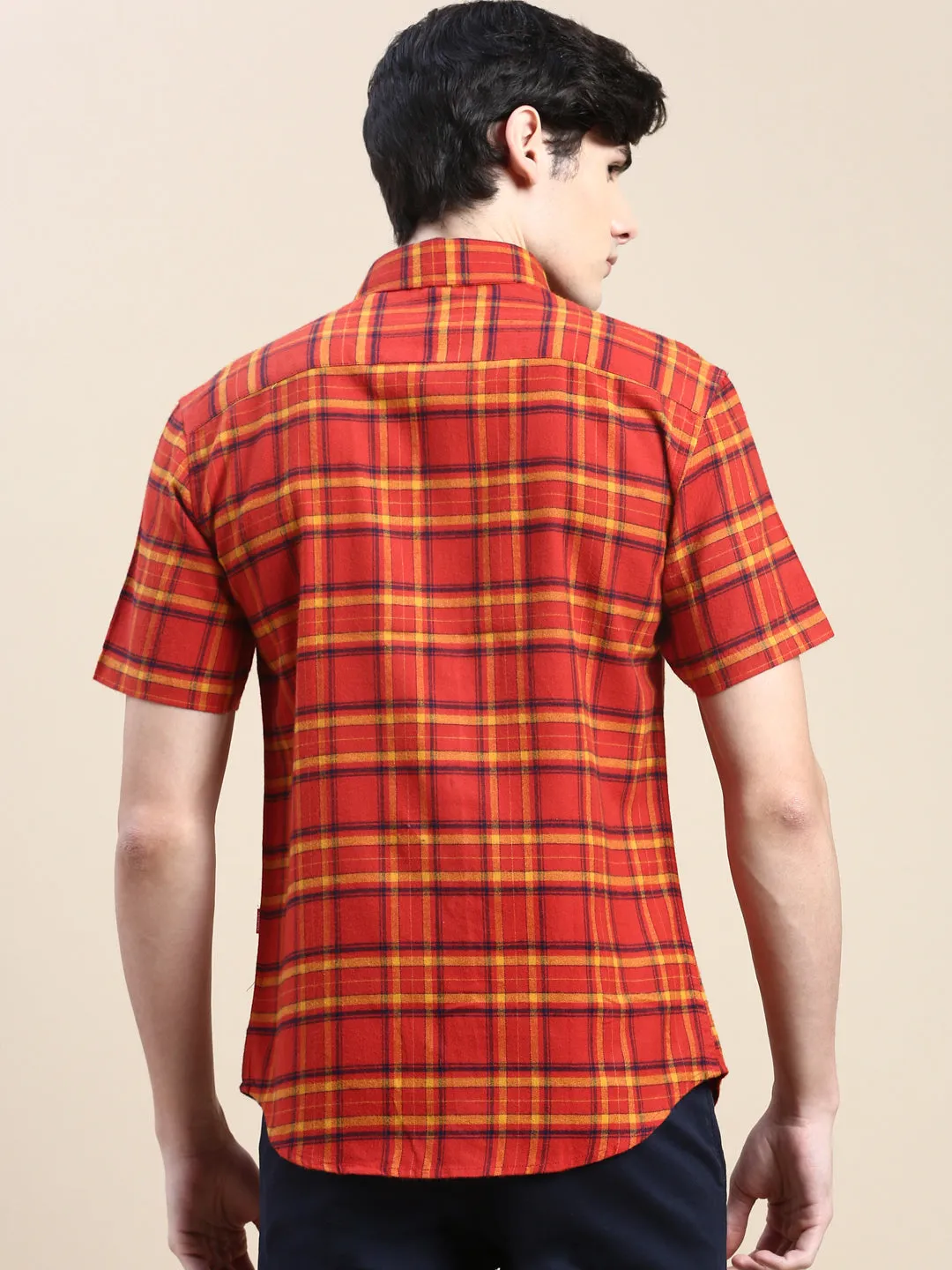 Men Rust Checked Casual Shirt