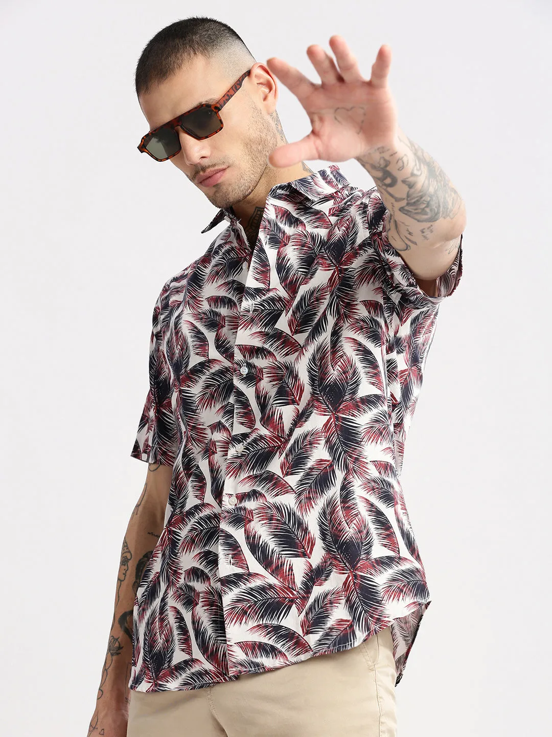 Men Spread Collar Textured Brown Casual Shirt
