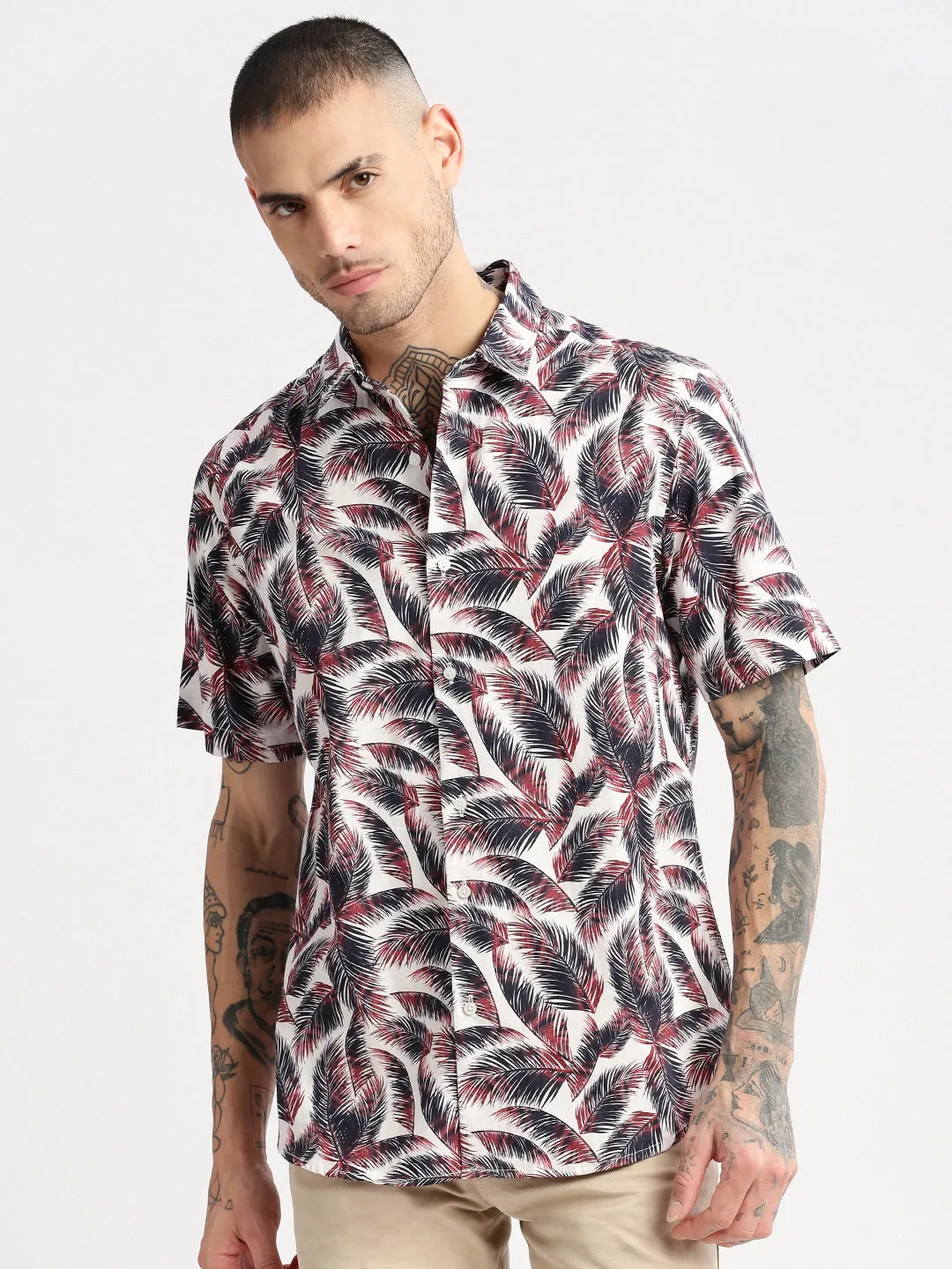 Men Spread Collar Textured Brown Casual Shirt