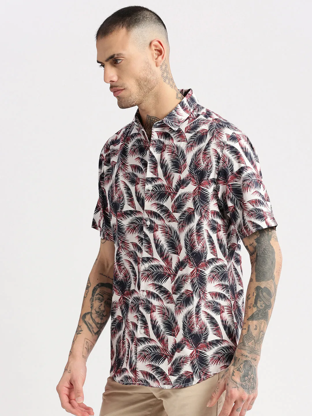 Men Spread Collar Textured Brown Casual Shirt
