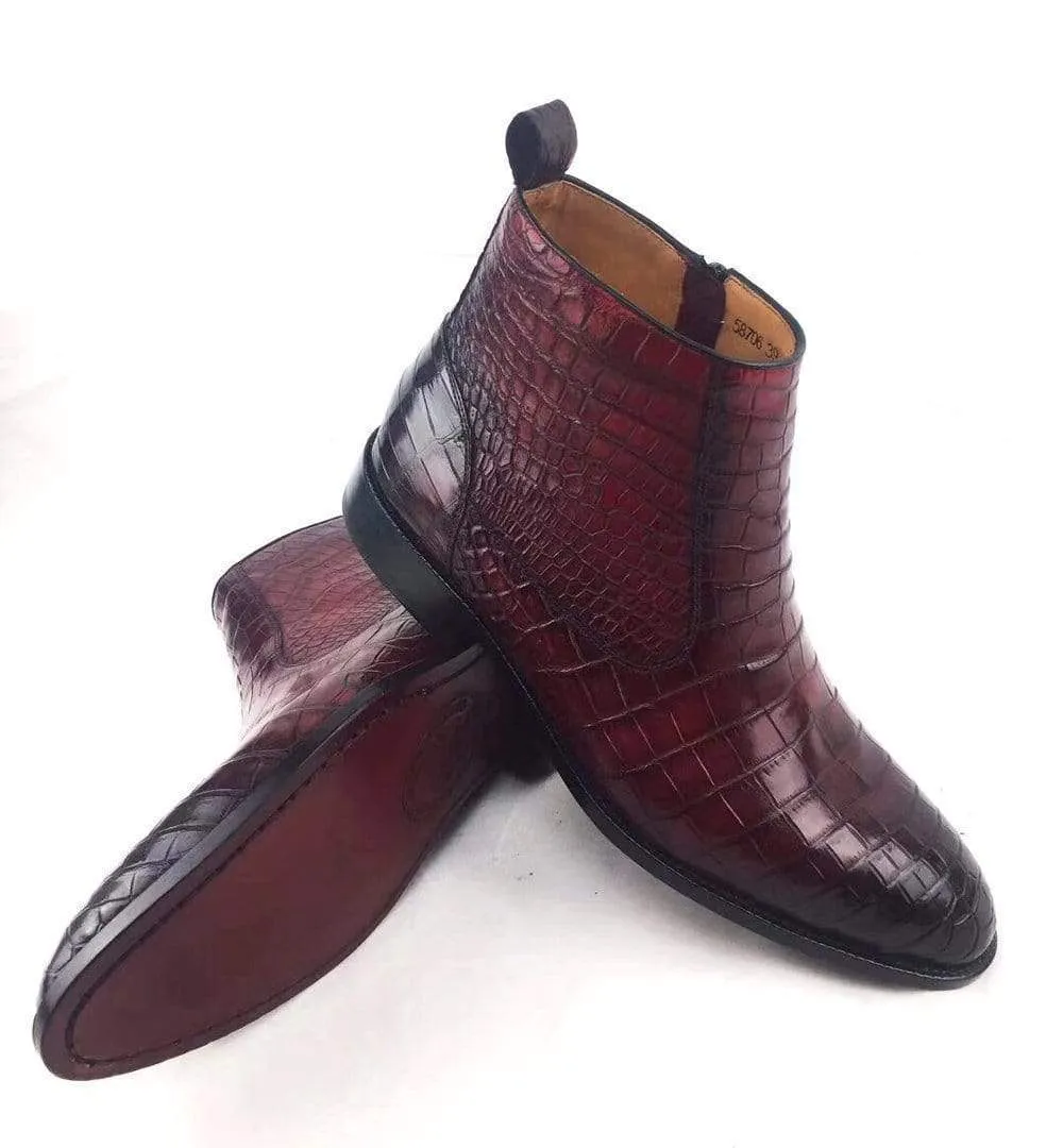 Mens Boots ,Crocodile Boots , Mens Vintage Crocodile Leather Side Zip Ankle Boots
