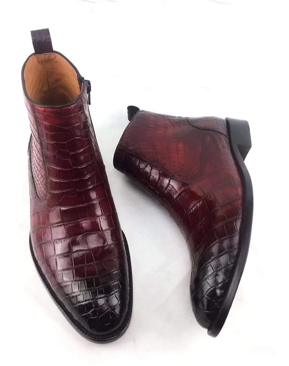 Mens Boots ,Crocodile Boots , Mens Vintage Crocodile Leather Side Zip Ankle Boots
