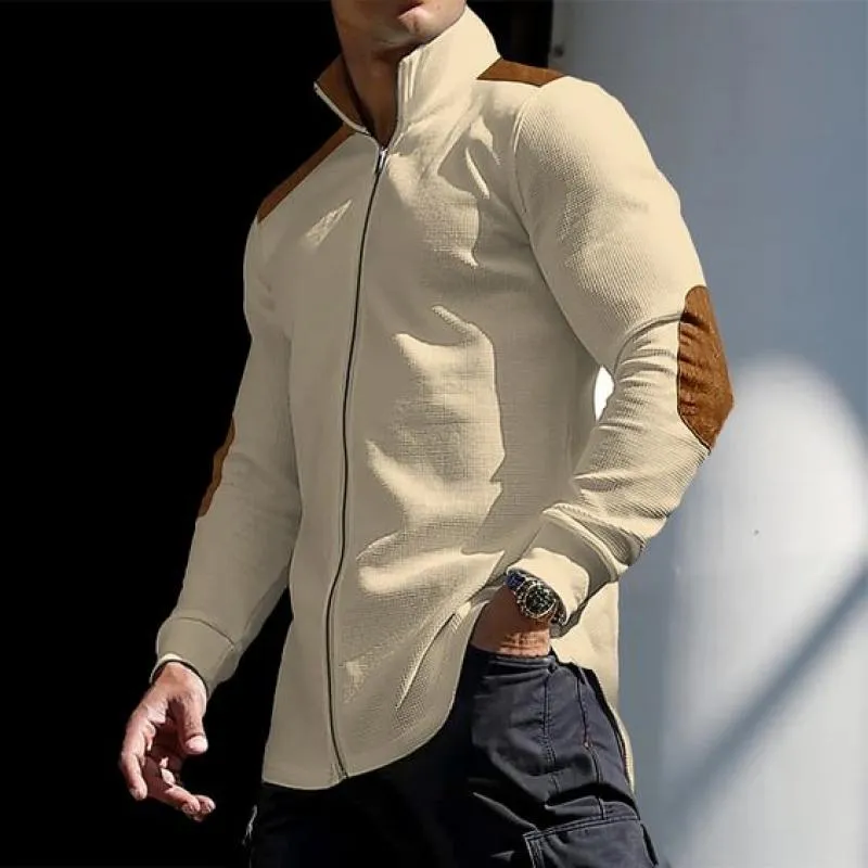 Men's Color Block Waffle Zipper Stand Collar Long Sleeve Shirt 68983896Y