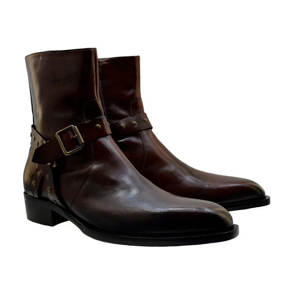 Men's Italian Shoes Jo Ghost 4942 Brown Leather Harness Western Ankle Boots