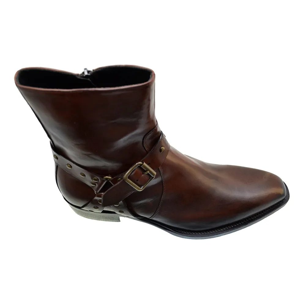 Men's Italian Shoes Jo Ghost 4942 Brown Leather Harness Western Ankle Boots