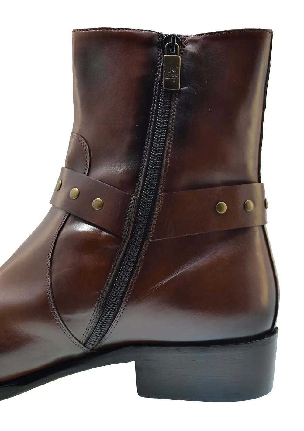 Men's Italian Shoes Jo Ghost 4942 Brown Leather Harness Western Ankle Boots