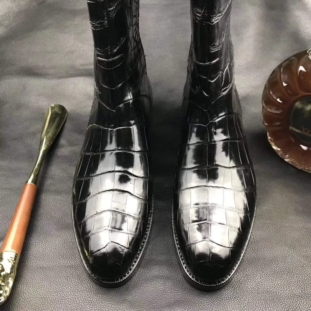 Preorder Mens Boots,Crocodile Boots,Genuine Crocodile Leather Long Side Zip Boots Black