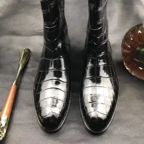 Preorder Mens Boots,Crocodile Boots,Genuine Crocodile Leather Long Side Zip Boots Black
