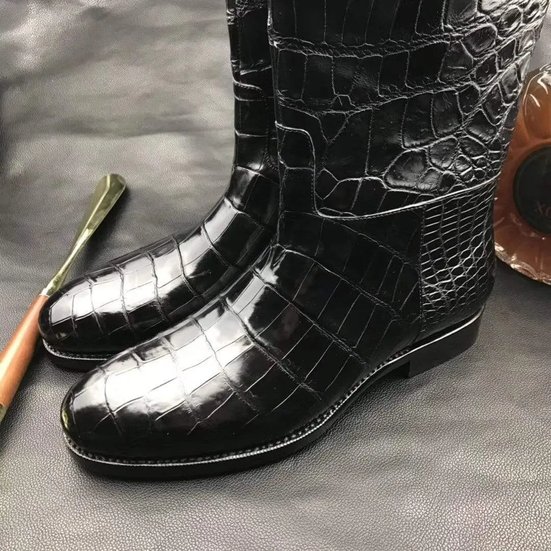 Preorder Mens Boots,Crocodile Boots,Genuine Crocodile Leather Long Side Zip Boots Black
