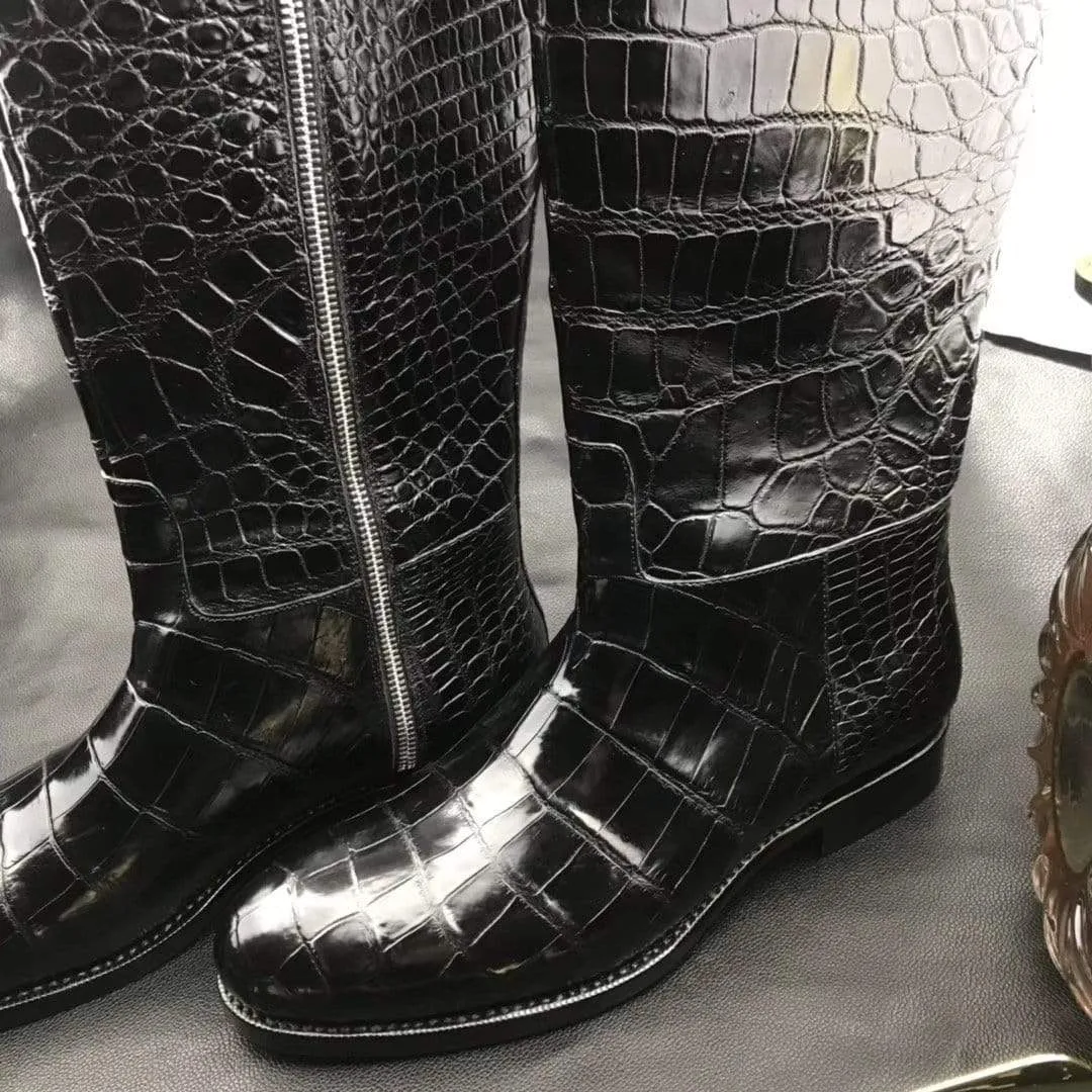 Preorder Mens Boots,Crocodile Boots,Genuine Crocodile Leather Long Side Zip Boots Black