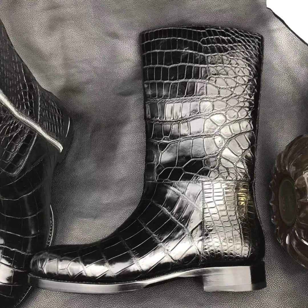 Preorder Mens Boots,Crocodile Boots,Genuine Crocodile Leather Long Side Zip Boots Black