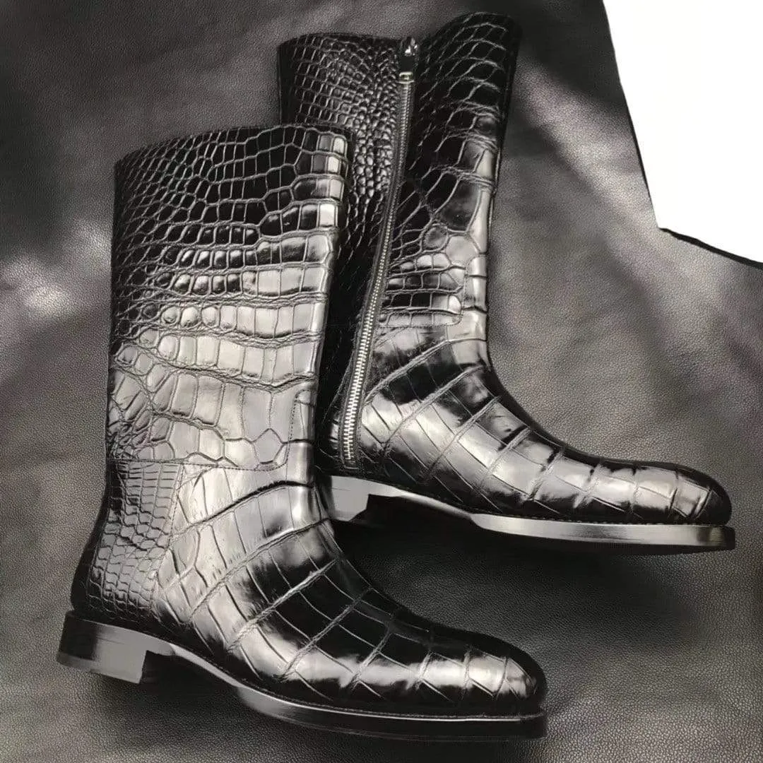 Preorder Mens Boots,Crocodile Boots,Genuine Crocodile Leather Long Side Zip Boots Black