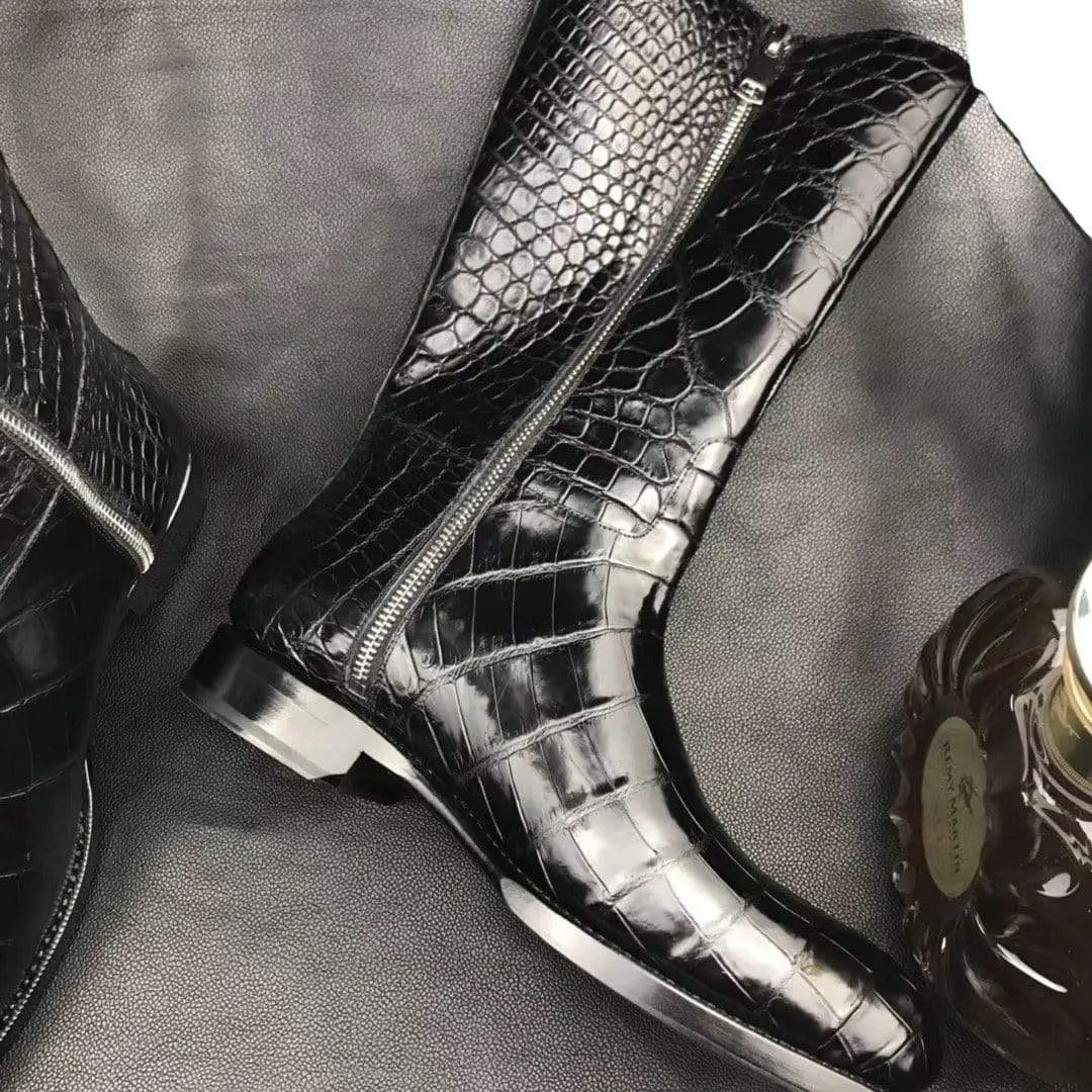 Preorder Mens Boots,Crocodile Boots,Genuine Crocodile Leather Long Side Zip Boots Black