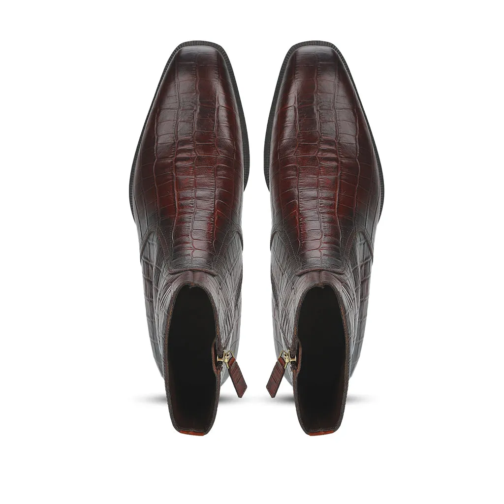 Saint Umberto Brown Croco Embossed Leather High Ankle Boot