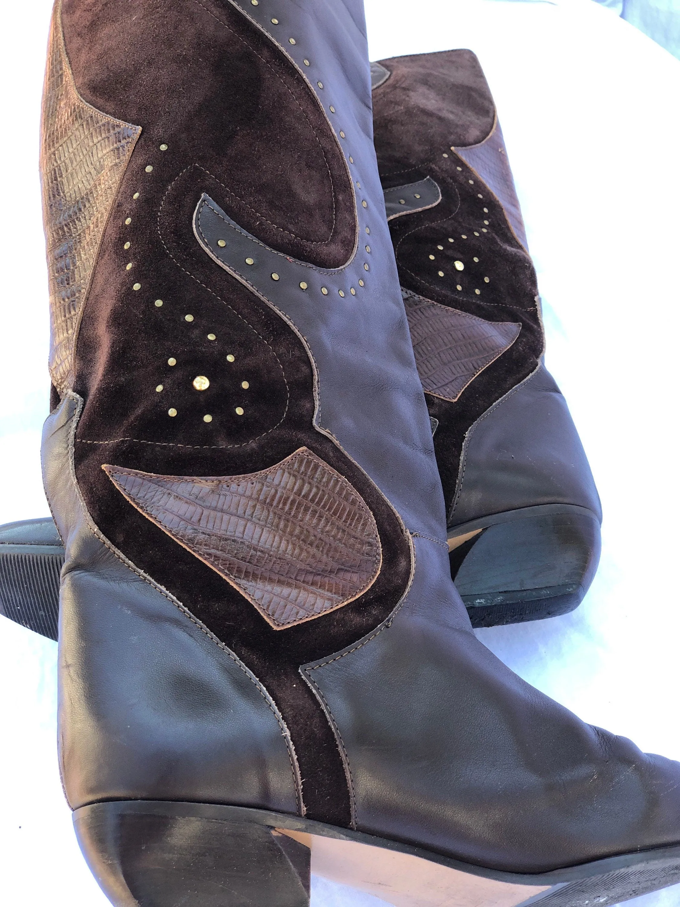 Vintage Italian Brown Leather & Suede Boots with Brass Rivet Details Size 8 1/2