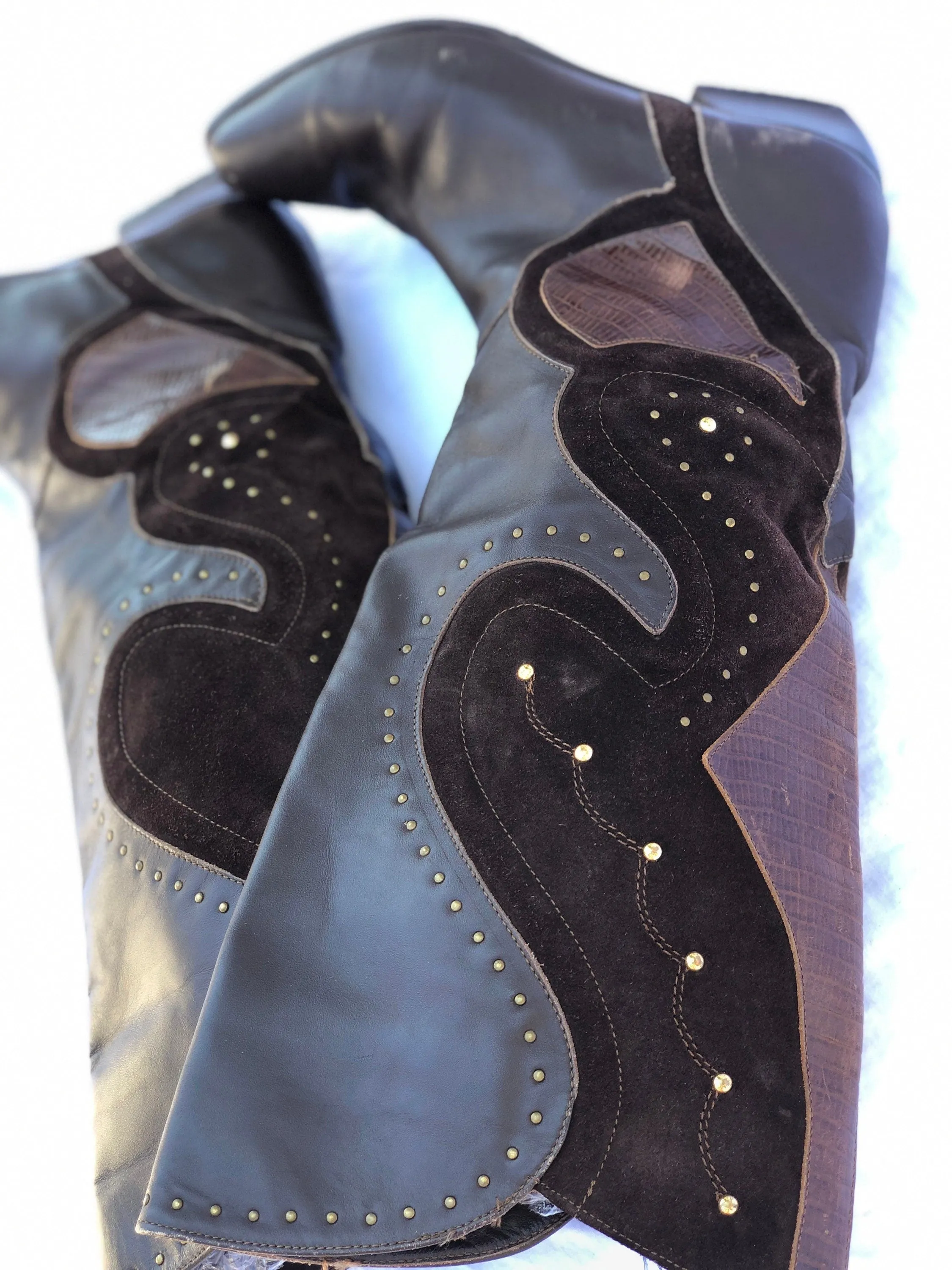 Vintage Italian Brown Leather & Suede Boots with Brass Rivet Details Size 8 1/2