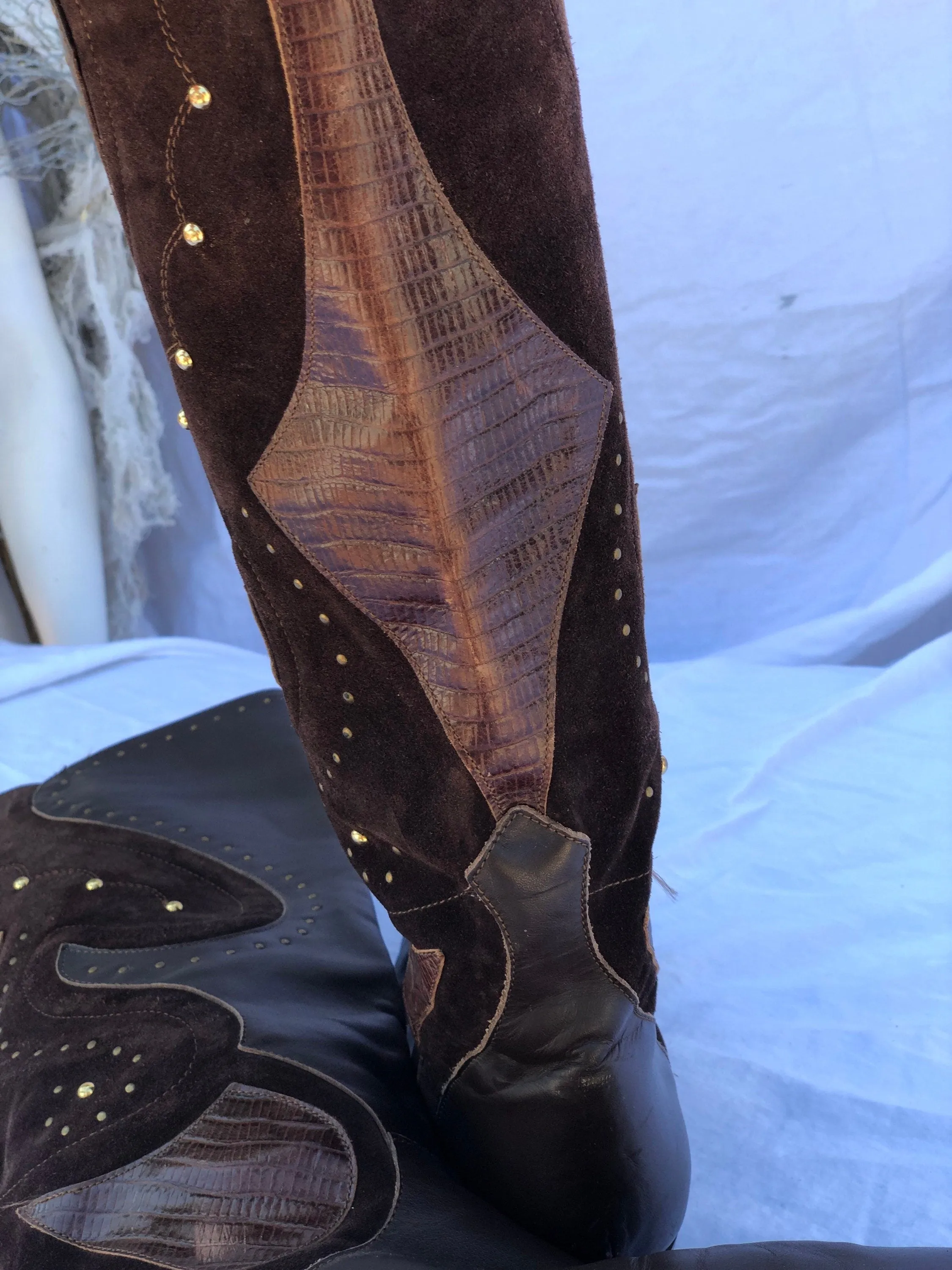 Vintage Italian Brown Leather & Suede Boots with Brass Rivet Details Size 8 1/2