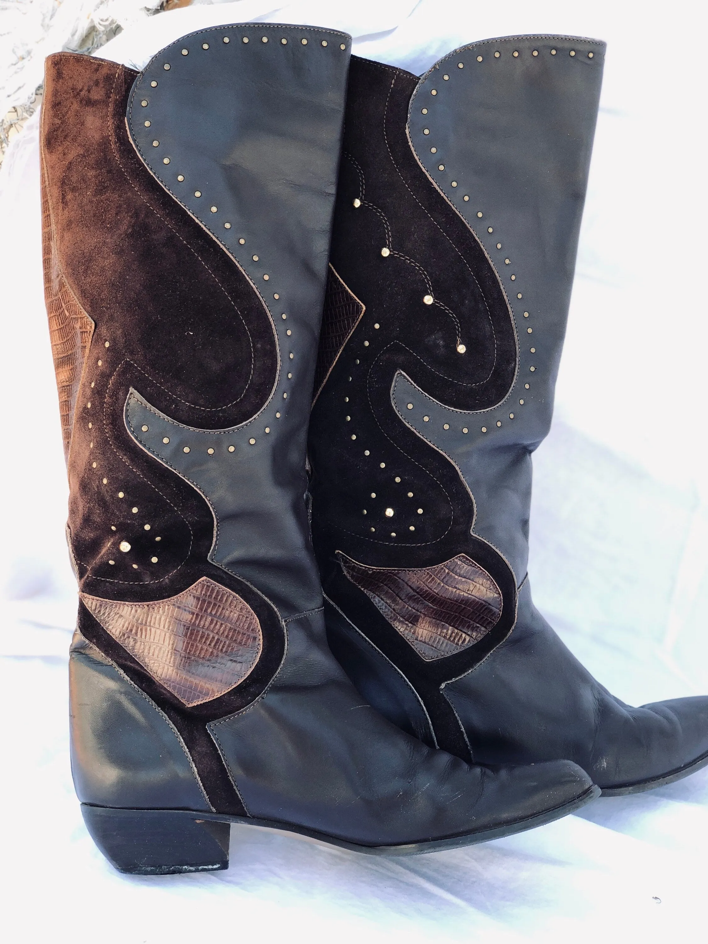 Vintage Italian Brown Leather & Suede Boots with Brass Rivet Details Size 8 1/2