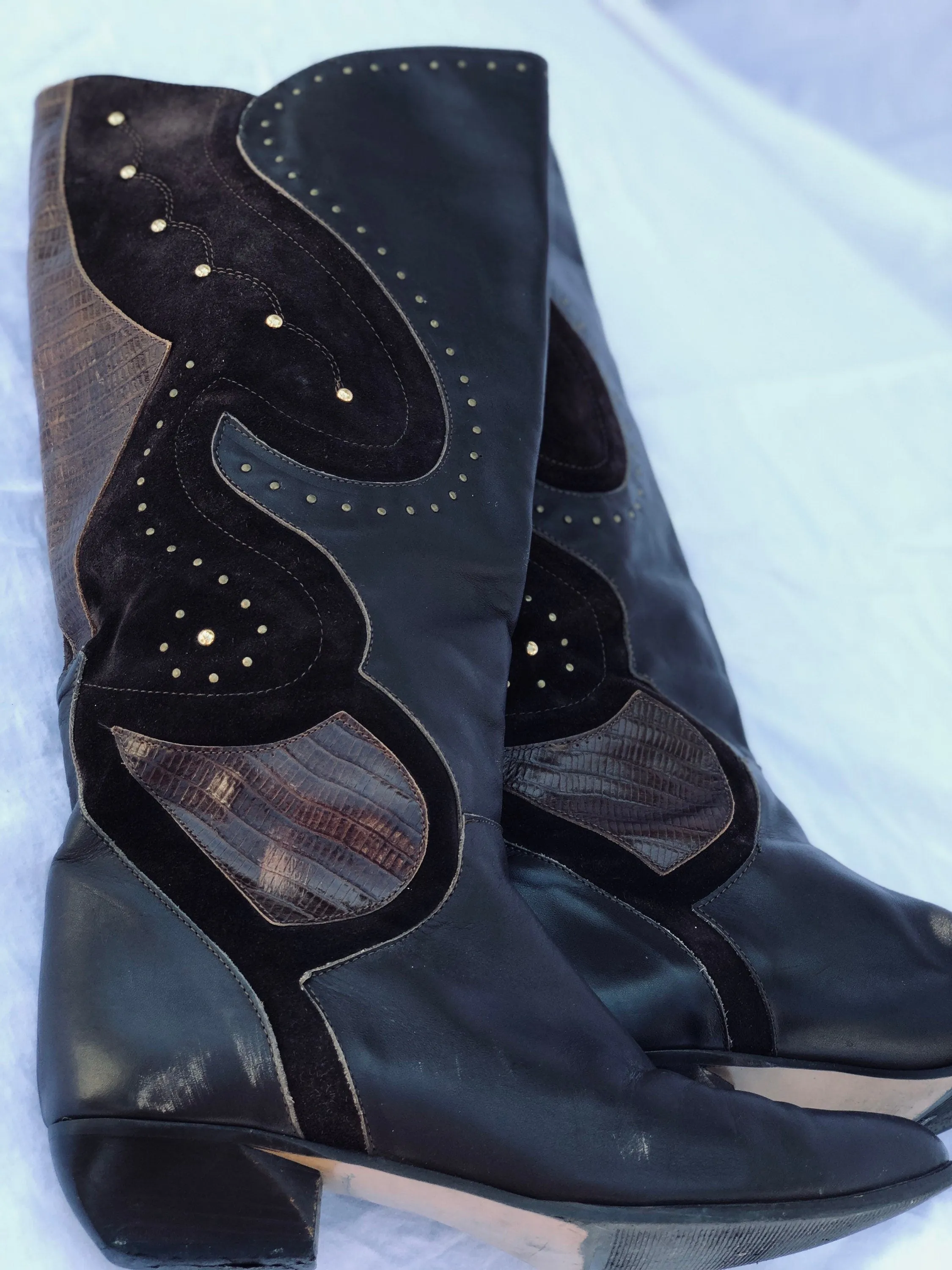 Vintage Italian Brown Leather & Suede Boots with Brass Rivet Details Size 8 1/2